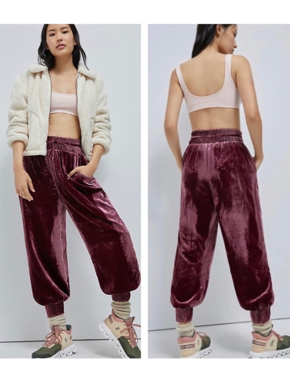 Anthropologue Gloria Burgundy Velvet Wide Leg Smocked High Waist Joggers Pants L